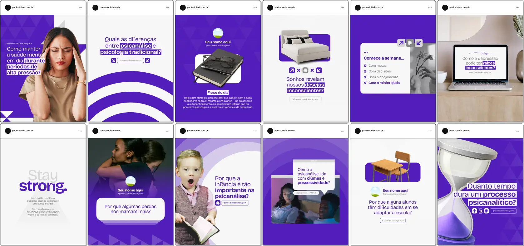 Pack Canva Psicanálise – Kit completo com posts e artes editáveis para psicanalistas e profissionais da saúde mental que desejam comunicar com profundidade e clareza nas redes sociais. Com conteúdos voltados para temas como inconsciente, escuta terapêutica, traumas, transferência, sintomas emocionais e funcionamento psíquico, o material é ideal para gerar autoridade, informar o público e atrair novos pacientes.