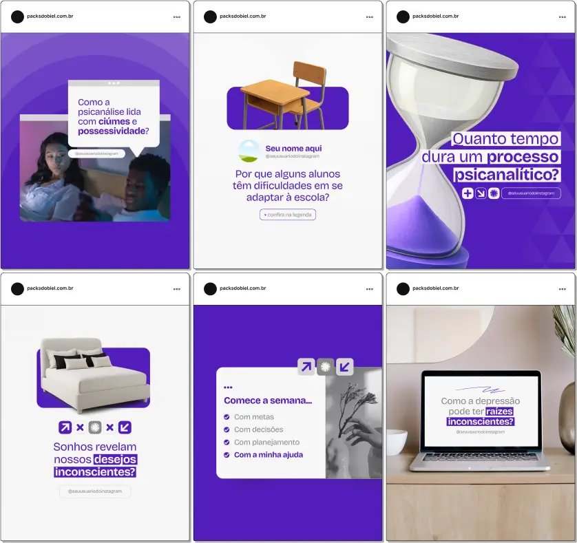 Pack Canva Psicanálise – Kit completo com posts e artes editáveis para psicanalistas e profissionais da saúde mental que desejam comunicar com profundidade e clareza nas redes sociais. Com conteúdos voltados para temas como inconsciente, escuta terapêutica, traumas, transferência, sintomas emocionais e funcionamento psíquico, o material é ideal para gerar autoridade, informar o público e atrair novos pacientes.