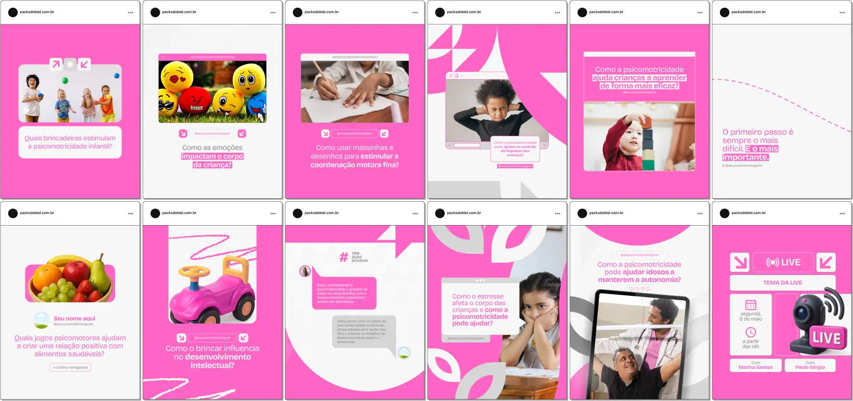 Pack Canva Psicomotricidade – Com este kit de posts e artes editáveis no Canva, profissionais da Psicomotricidade podem compartilhar conteúdos prontos sobre desenvolvimento motor, coordenação, lateralidade, esquema corporal, equilíbrio emocional e integração sensorial. Ideal para psicanalistas, educadores e terapeutas que desejam gerar autoridade e educar seu público no Instagram e redes sociais com identidade visual profissional e linguagem acessível.