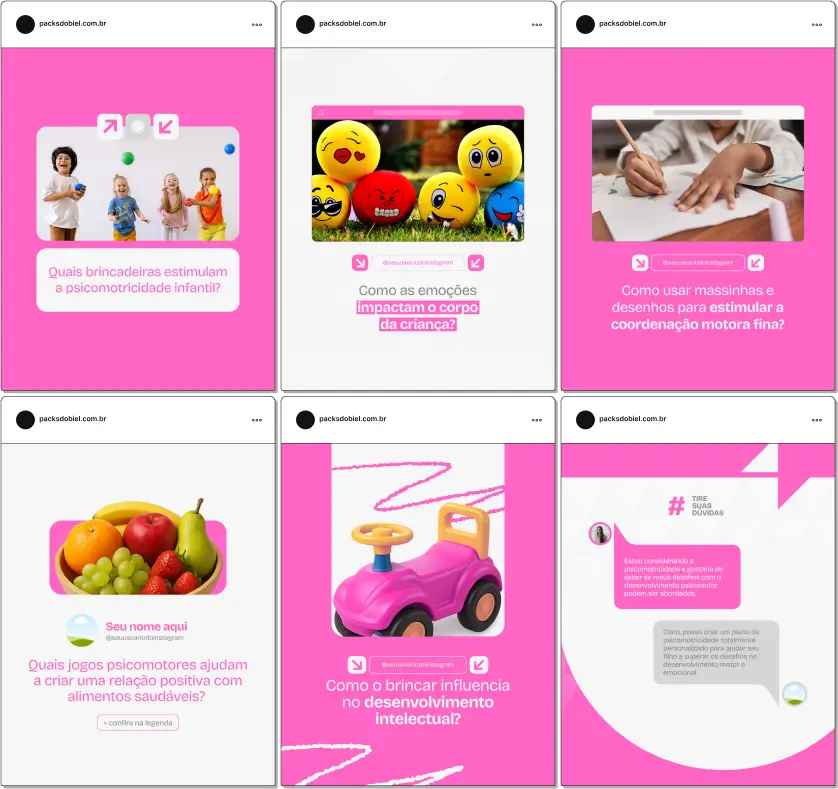 Pack Canva Psicomotricidade – Um material estratégico com designs editáveis e conteúdos prontos para publicar sobre motricidade fina e grossa, intervenção psicomotora, desenvolvimento infantil, percepção corporal e estímulos terapêuticos. Perfeito para perfis de psicomotricistas que querem fortalecer sua presença digital e atrair pais, escolas ou pacientes com conteúdo de valor.