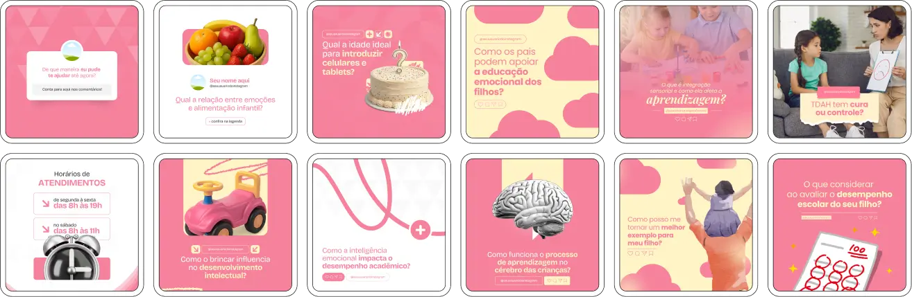 Pack Canva Psicopedagogia – Conjunto com artes e conteúdos prontos e editáveis no Canva, desenvolvido para psicopedagogos(as) que desejam criar um Instagram profissional, educativo e visualmente atrativo. Aborda temas como dificuldades de aprendizagem, dislexia, TDAH, estratégias pedagógicas e orientação aos pais, ideal para fortalecer sua autoridade, gerar conexão com o público e atrair novos atendimentos.