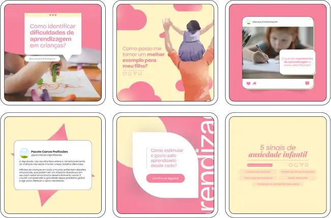 Pack Canva Psicopedagogia – Kit completo de posts para redes sociais com foco em conteúdo relevante e visual profissional. Perfeito para quem atua com intervenções psicopedagógicas e quer se posicionar no digital com consistência e qualidade. Com este material, você transforma seu perfil em uma vitrine de valor para alunos, famílias e escolas.