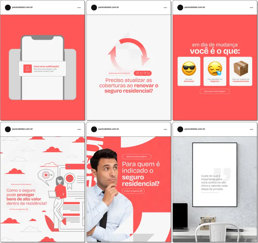 Pack Canva Seguro Residencial – Conjunto de posts prontos para editar e publicar, criado para perfis profissionais da área de seguros. Inclui materiais visuais e textuais sobre segurança do lar, benefícios do seguro residencial, mitos e verdades, cobertura completa e diferenciais do serviço, gerando autoridade e engajamento nas redes sociais.