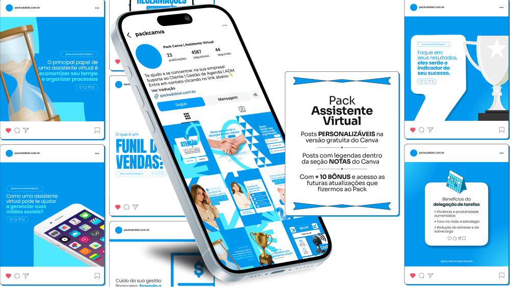 Pack Canva Assistente Virtual – Conjunto de materiais visuais e legendas otimizadas para assistentes virtuais que desejam se destacar no digital. Contempla posts sobre gestão de tempo, tarefas administrativas, marketing digital, relacionamento com o cliente, prestação de serviços online e fortalecimento de marca pessoal com design moderno e prático para editar.