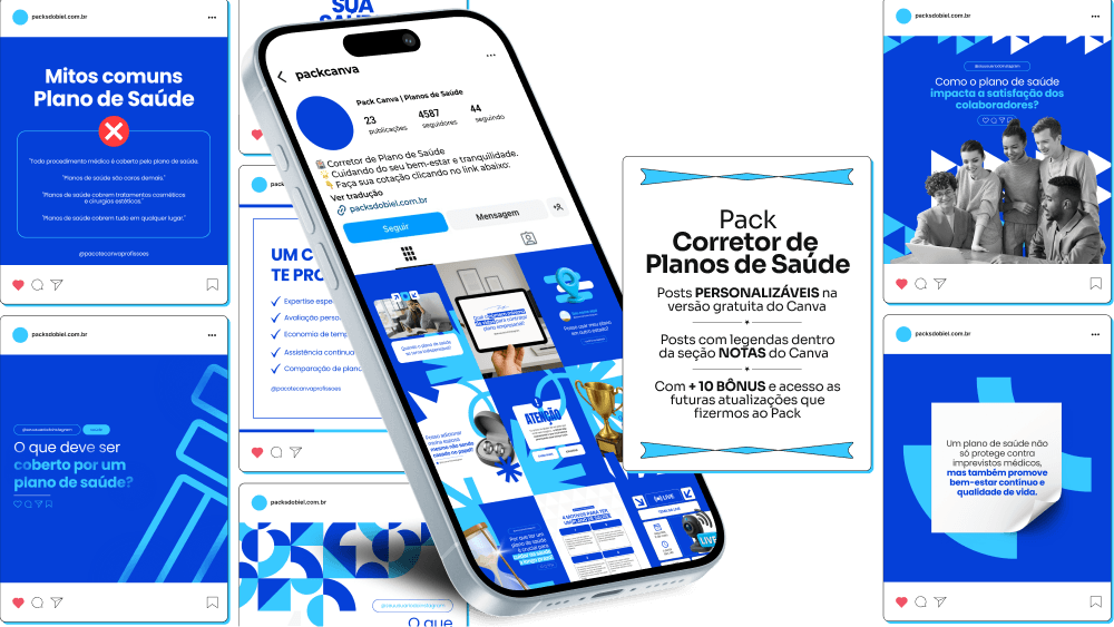 Pack Canva Corretor de Planos de Saúde – Com este kit de posts e artes editáveis, corretores podem divulgar conteúdos estratégicos sobre tipos de planos, carência, benefícios de cada cobertura, dicas para contratação e diferenciais do atendimento. Ideal para perfis no Instagram e redes sociais que buscam atrair e educar potenciais clientes com autoridade e profissionalismo.