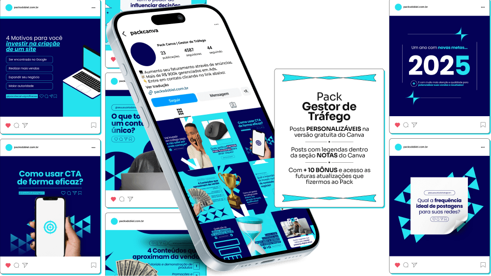 Pack Canva Marketing Digital – Kit com posts prontos e artes editáveis no Canva, ideal para social media, gestores de tráfego, afiliados e freelancers que desejam fortalecer sua presença no Instagram. Inclui conteúdos sobre funil de vendas, branding, tráfego pago, copywriting, engajamento e estratégias para atrair e converter clientes.