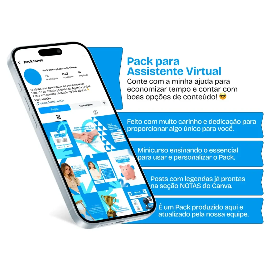 Kit de posts editáveis no Canva para Assistente Virtual, com materiais estratégicos para social media, Instagram e Facebook. Indicado para freelancers, secretárias online e prestadores de serviço remoto que desejam melhorar o posicionamento digital, atrair clientes e manter um perfil ativo com conteúdo profissional, organizado e relevante.
