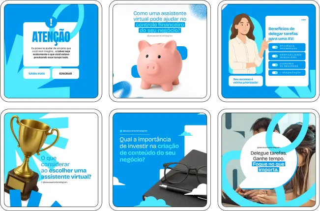 Pack Canva Assistente Virtual com posts e artes editáveis para redes sociais, ideal para quem presta serviços administrativos, suporte remoto e organização digital. Com conteúdos prontos sobre produtividade, atendimento ao cliente, ferramentas online, rotina home office e profissionalismo, esse kit ajuda a construir autoridade no Instagram de forma prática e visualmente atrativa.