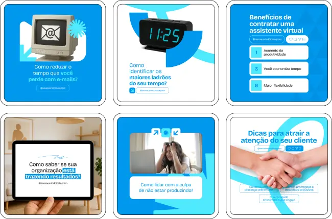 Kit de posts editáveis no Canva para Assistente Virtual, com materiais estratégicos para social media, Instagram e Facebook. Indicado para freelancers, secretárias online e prestadores de serviço remoto que desejam melhorar o posicionamento digital, atrair clientes e manter um perfil ativo com conteúdo profissional, organizado e relevante.