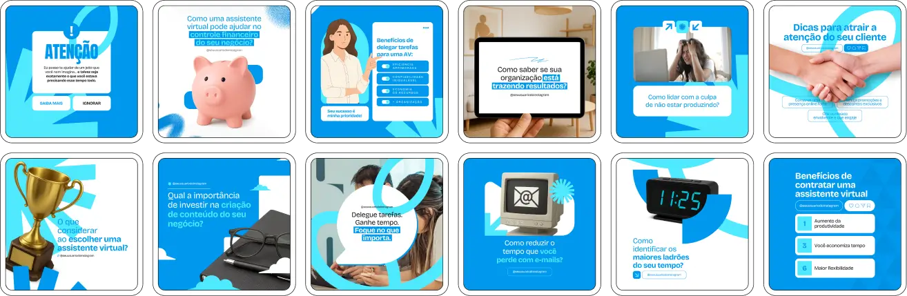 Kit de posts editáveis no Canva para Assistente Virtual, com materiais estratégicos para social media, Instagram e Facebook. Indicado para freelancers, secretárias online e prestadores de serviço remoto que desejam melhorar o posicionamento digital, atrair clientes e manter um perfil ativo com conteúdo profissional, organizado e relevante.