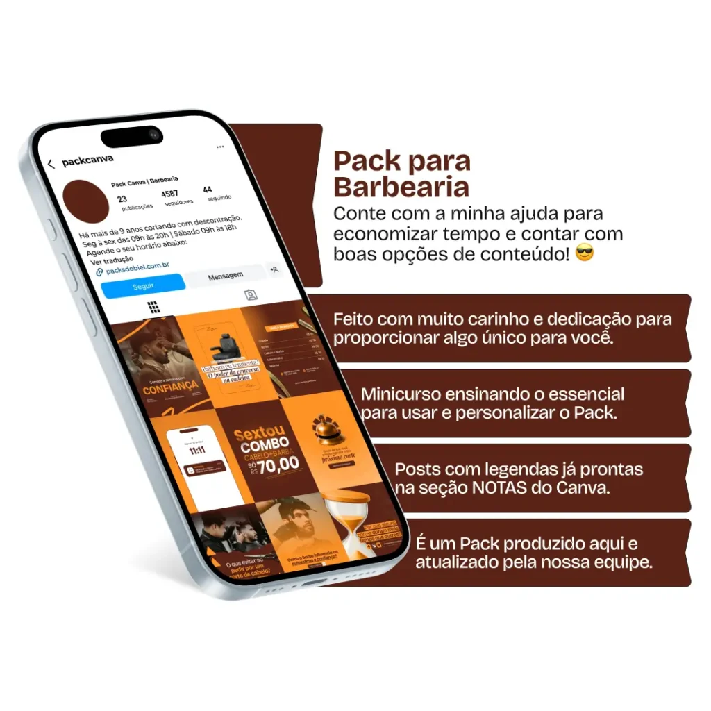 Pack Canva para Barbearia com posts prontos e artes editáveis no Canva, desenvolvido para barbeiros e profissionais da estética masculina que desejam melhorar o posicionamento nas redes sociais. Ideal para destacar cortes de cabelo, barba, promoções e serviços com visual profissional e atrativo no Instagram e outras mídias.