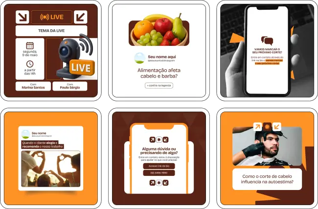 Pack Canva para Barbearia com posts prontos e artes editáveis no Canva, desenvolvido para barbeiros e profissionais da estética masculina que desejam melhorar o posicionamento nas redes sociais. Ideal para destacar cortes de cabelo, barba, promoções e serviços com visual profissional e atrativo no Instagram e outras mídias.