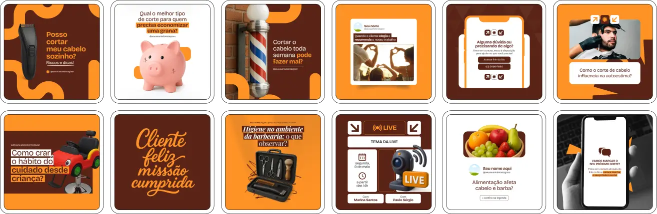 Kit de posts editáveis para Barbearia no Canva, com conteúdo visual otimizado para redes sociais como Instagram e Facebook. Perfeito para aumentar o engajamento, fidelizar clientes e valorizar o branding da barbearia com artes criativas, frases impactantes e design moderno voltado ao público masculino.