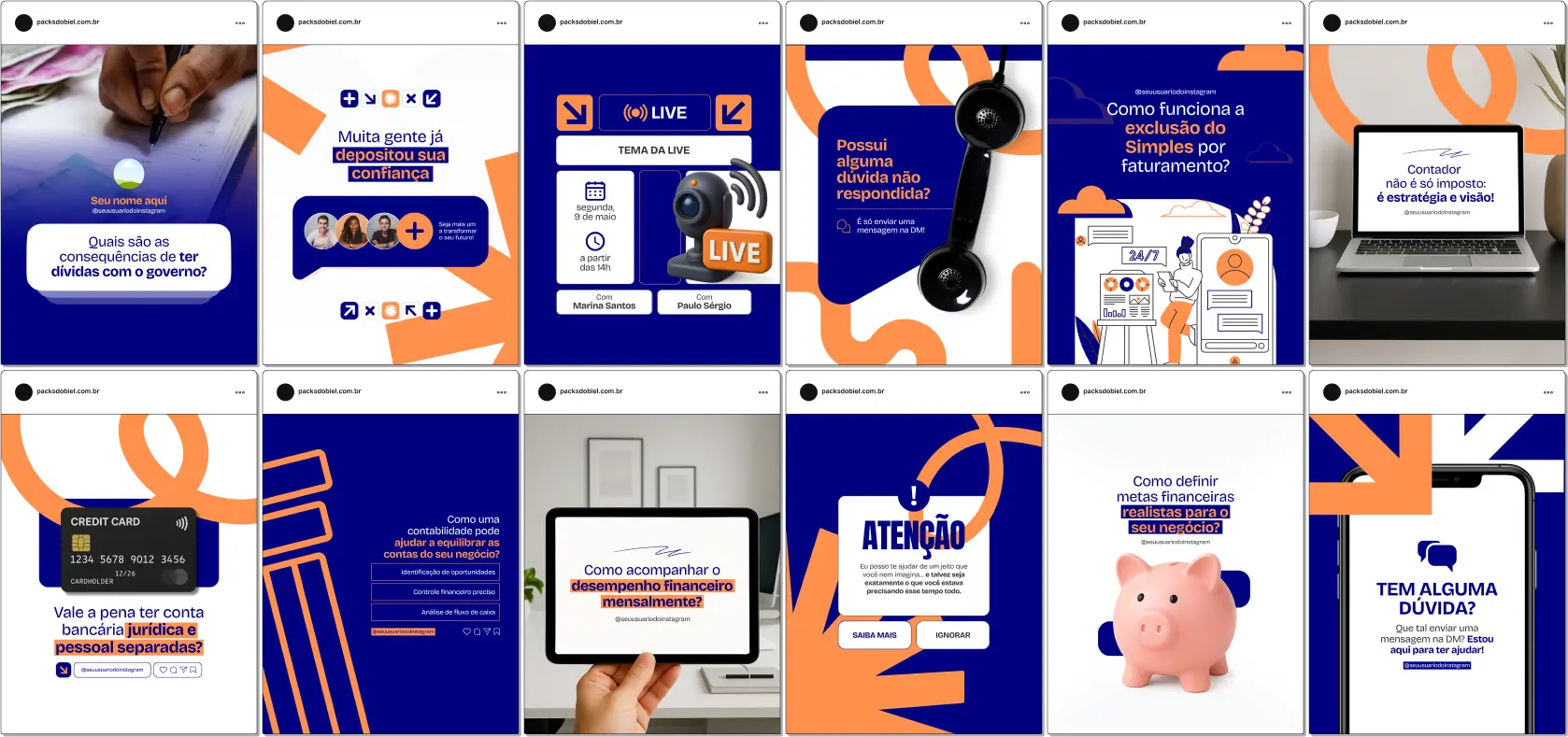 Kit de posts editáveis no Canva para Contabilidade, com artes e textos estratégicos voltados para profissionais da área fiscal e financeira. Indicado para contadores, assessores financeiros e consultores que desejam educar seu público, compartilhar novidades tributárias, dicas de compliance e posicionar seu negócio de forma profissional e atrativa nas redes sociais.