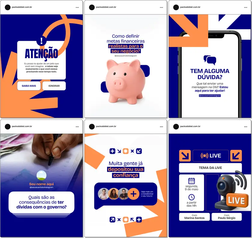 Kit de posts editáveis no Canva para Contabilidade, com artes e textos estratégicos voltados para profissionais da área fiscal e financeira. Indicado para contadores, assessores financeiros e consultores que desejam educar seu público, compartilhar novidades tributárias, dicas de compliance e posicionar seu negócio de forma profissional e atrativa nas redes sociais.