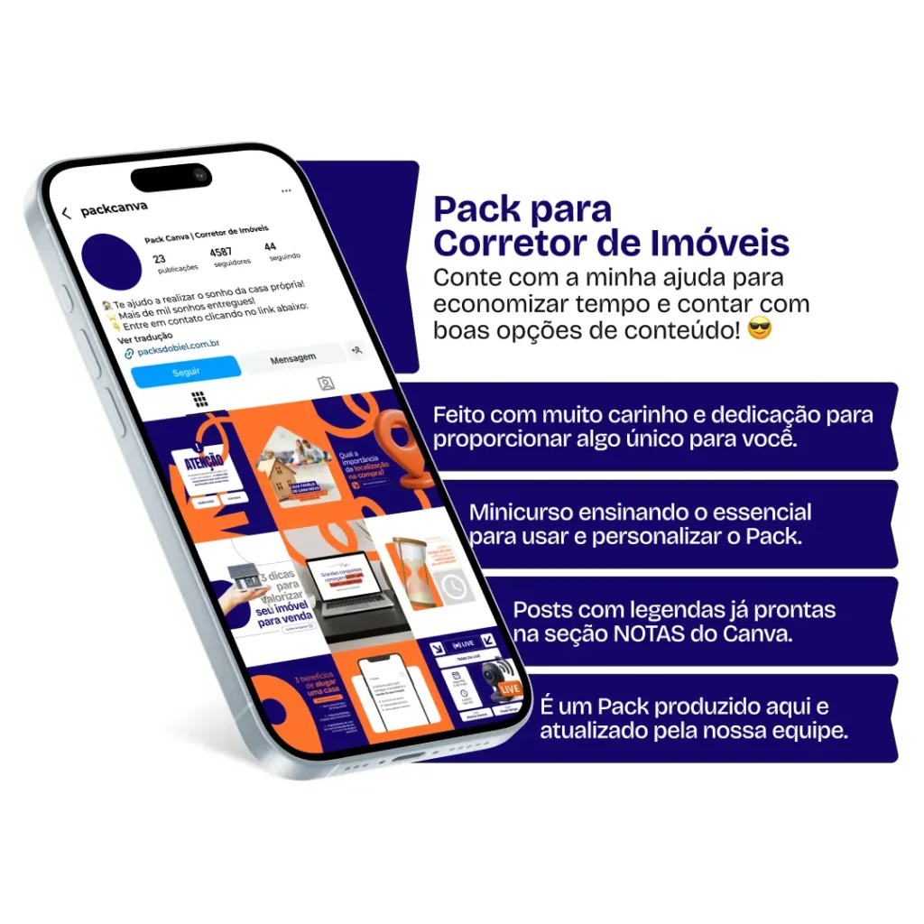 Kit de posts editáveis no Canva para Corretor de Imóveis, com materiais visuais e textos estratégicos para redes sociais como Instagram e Facebook. Perfeito para profissionais que atuam com imóveis residenciais, comerciais ou loteamentos, e buscam fortalecer a presença digital com um perfil que transmite confiança e autoridade.