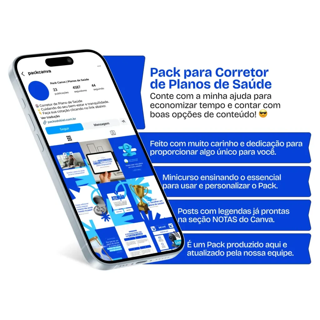 Kit de posts editáveis no Canva para Corretor de Plano de Saúde, com materiais voltados para redes sociais como Instagram e Facebook. Perfeito para profissionais que atuam com convênios médicos, planos odontológicos e seguros saúde, que buscam educar o público e aumentar as vendas com conteúdo estratégico e visual atrativo.