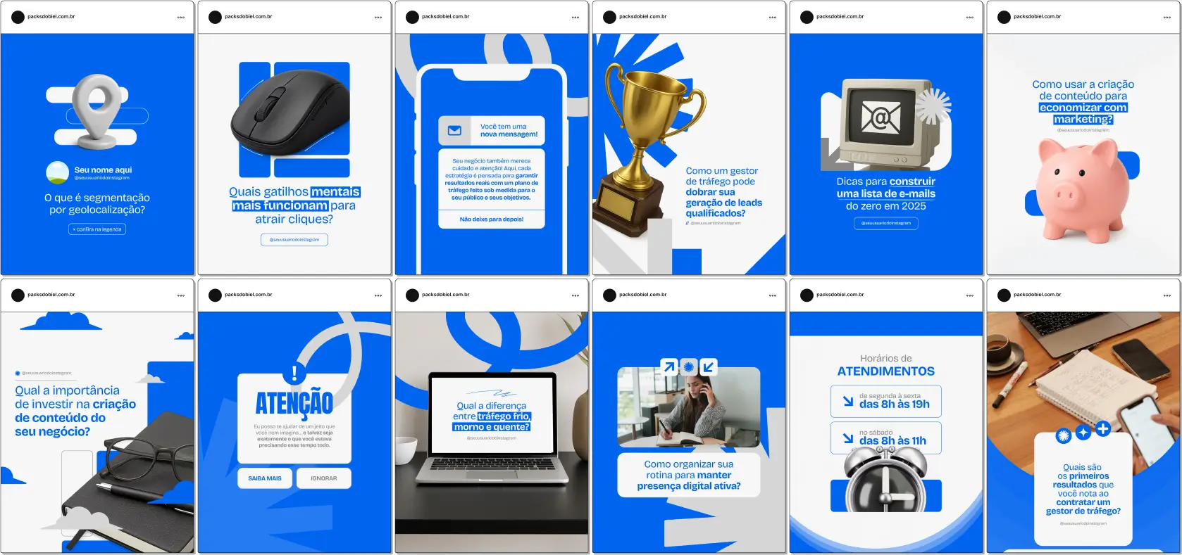 Pack Canva Gestor de Tráfego 2.0 – Kit com posts prontos e artes editáveis no Canva, ideal para gestores de tráfego pago que desejam divulgar seus serviços nas redes sociais com autoridade. Inclui conteúdos sobre segmentação, ROAS, otimização de campanhas, funis, métricas, Meta Ads e Google Ads. Perfeito para atrair clientes e fortalecer seu posicionamento no Instagram e Facebook.
