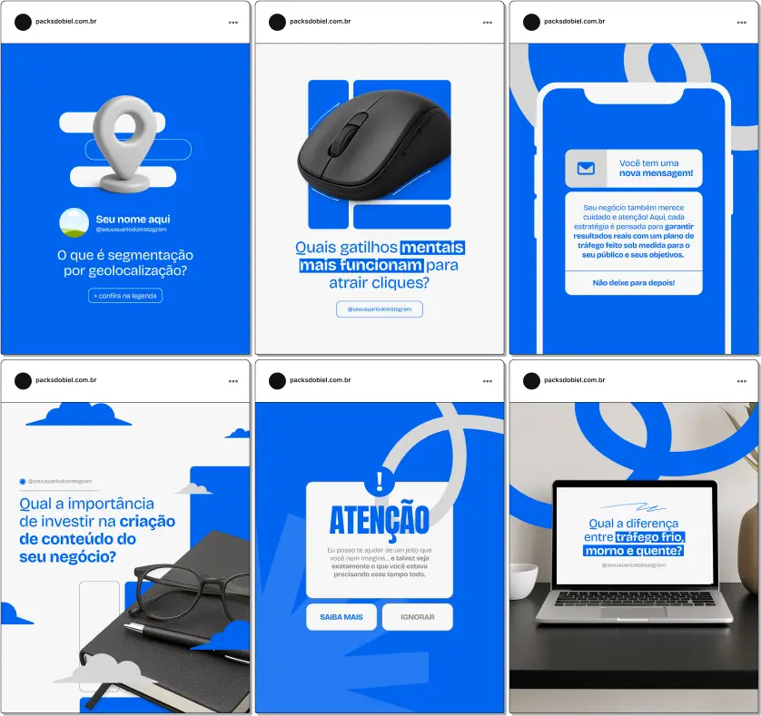 Pack Canva Gestor de Tráfego 2.0 – Kit com posts prontos e artes editáveis no Canva, ideal para gestores de tráfego pago que desejam divulgar seus serviços nas redes sociais com autoridade. Inclui conteúdos sobre segmentação, ROAS, otimização de campanhas, funis, métricas, Meta Ads e Google Ads. Perfeito para atrair clientes e fortalecer seu posicionamento no Instagram e Facebook.