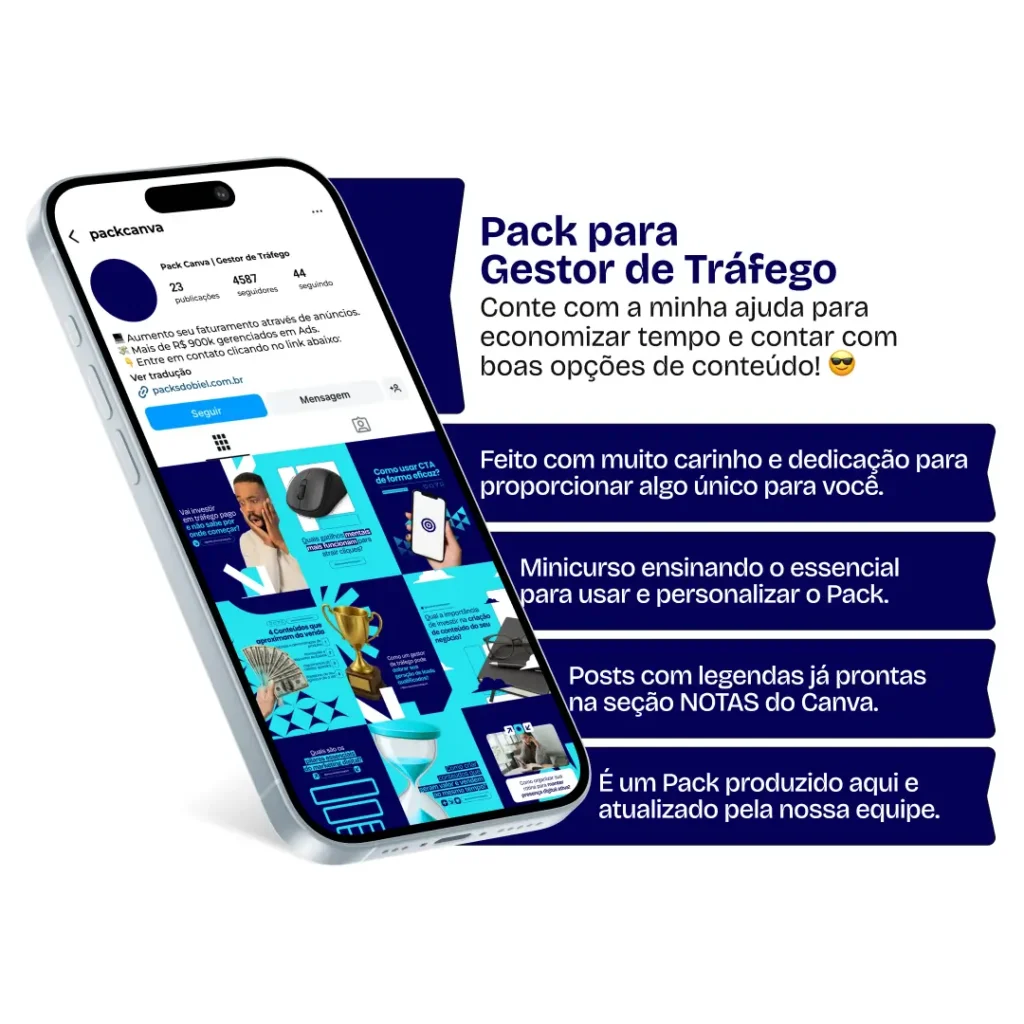 Pack Canva Gestor de Tráfego – Materiais visuais prontos para edição no Canva, com foco em social media e marketing digital para gestores de tráfego. Traz posts explicativos sobre ROI, segmentação de público, campanhas de conversão, anúncios de remarketing, diferenciais de um bom gestor e conteúdos educativos que aumentam autoridade no Instagram.