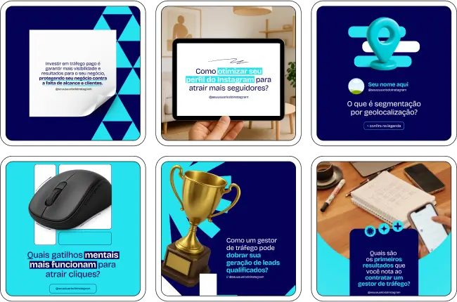 Pack Canva Gestor de Tráfego com posts prontos e artes editáveis para redes sociais como Instagram e Facebook. Ideal para profissionais de tráfego pago que desejam atrair clientes, demonstrar autoridade e divulgar estratégias de anúncios, funis, conversão, segmentação e performance com identidade visual moderna e comunicação assertiva.