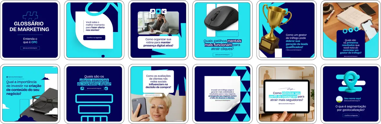 Pack Canva Gestor de Tráfego com posts prontos e artes editáveis para redes sociais como Instagram e Facebook. Ideal para profissionais de tráfego pago que desejam atrair clientes, demonstrar autoridade e divulgar estratégias de anúncios, funis, conversão, segmentação e performance com identidade visual moderna e comunicação assertiva.