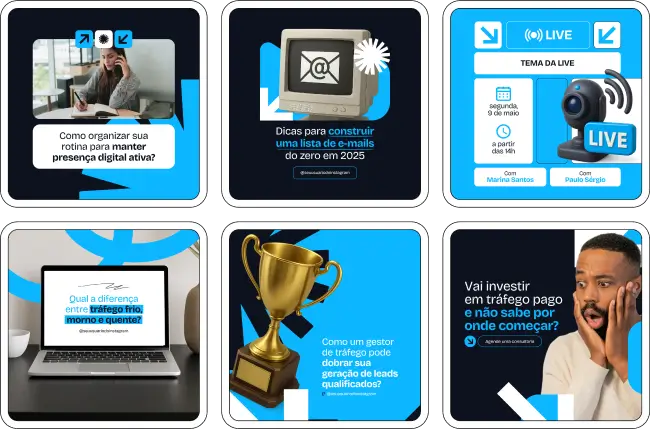 Transforme seu perfil em uma vitrine de autoridade com este kit de posts para marketing digital. Fale de tráfego pago, conversão, conteúdo orgânico, lançamentos e bastidores com design profissional e textos pensados para engajar e educar.
