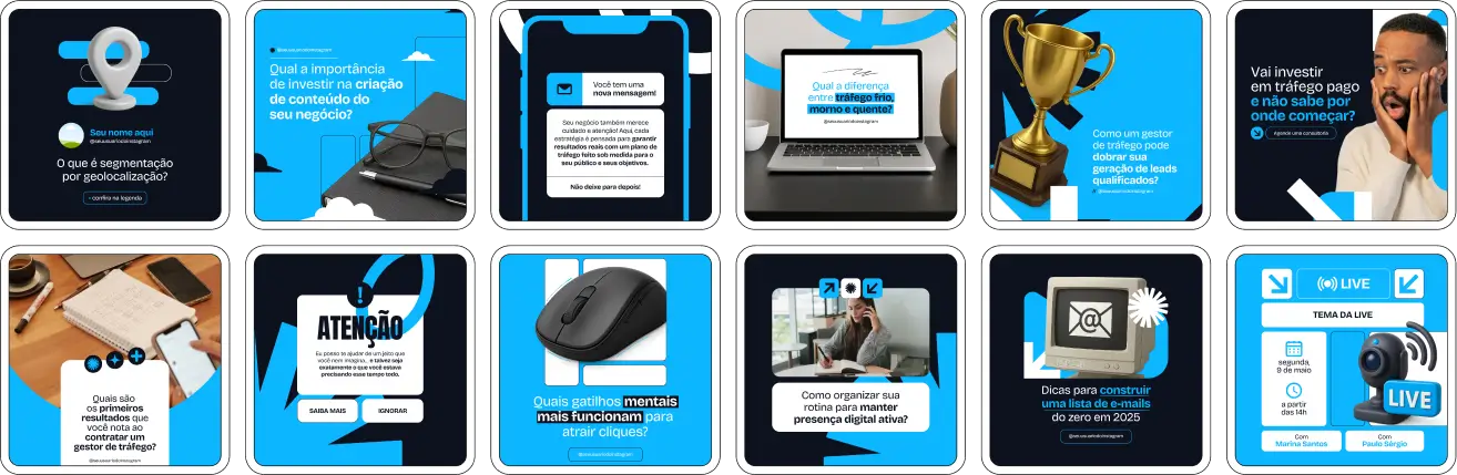 Pack Canva Marketing Digital – Kit com posts prontos e artes editáveis no Canva, ideal para social media, gestores de tráfego, afiliados e freelancers que desejam fortalecer sua presença no Instagram. Inclui conteúdos sobre funil de vendas, branding, tráfego pago, copywriting, engajamento e estratégias para atrair e converter clientes.