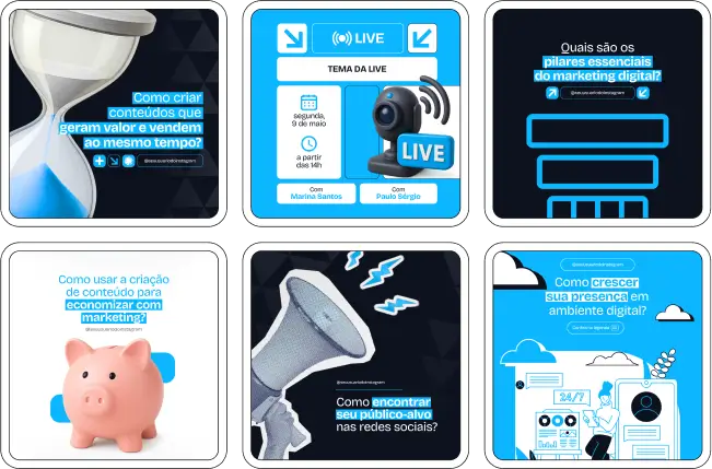 Transforme seu perfil em uma vitrine de autoridade com este kit de posts para marketing digital. Fale de tráfego pago, conversão, conteúdo orgânico, lançamentos e bastidores com design profissional e textos pensados para engajar e educar.