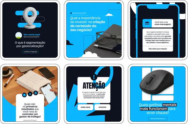 Kit de posts editáveis no Canva para Marketing Digital, com artes profissionais e textos otimizados para redes sociais como Instagram e Facebook. Perfeito para criadores de conteúdo e profissionais digitais que buscam gerar autoridade, ensinar marketing, e destacar seus serviços com consistência e visual atrativo.