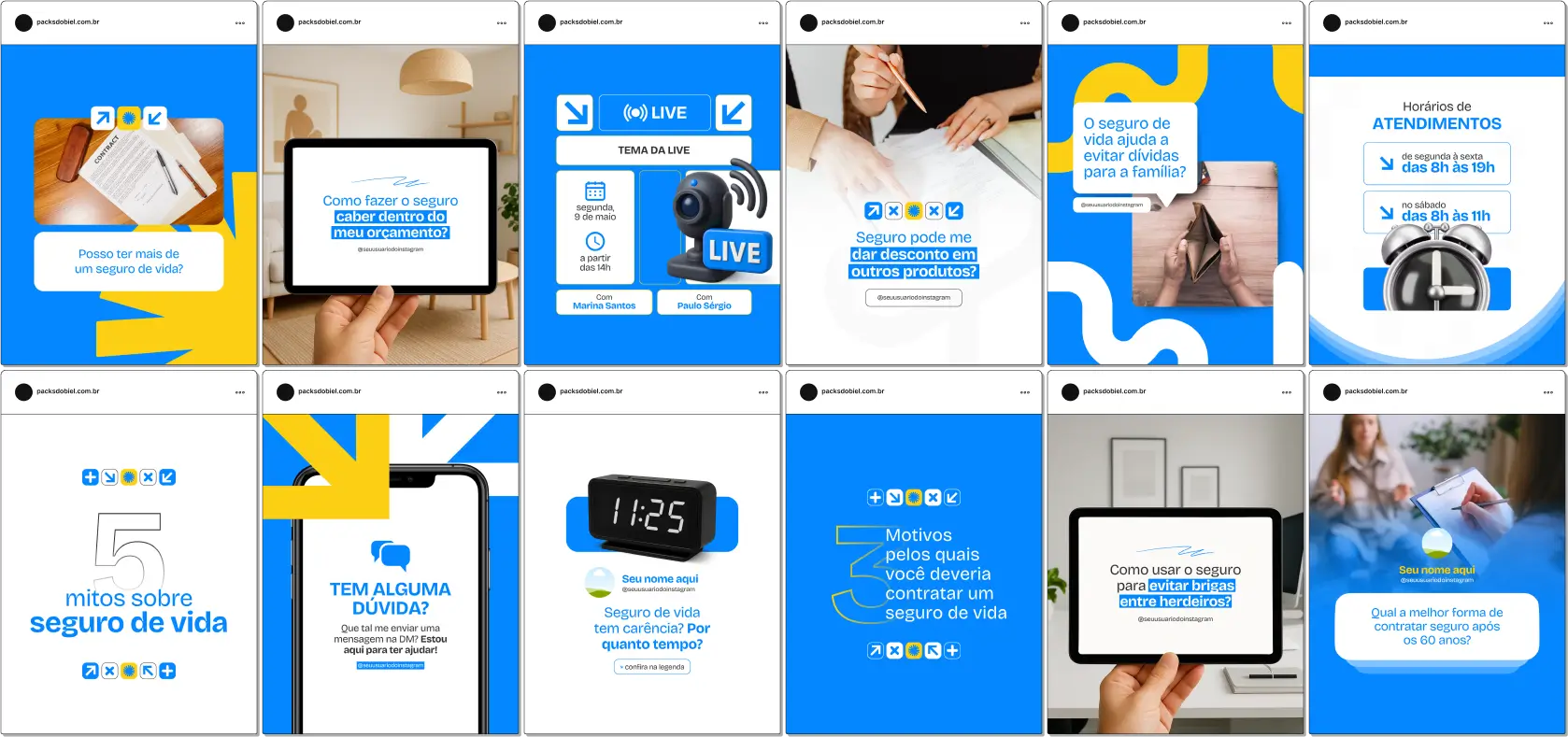 Kit de posts editáveis no Canva sobre Seguro de Vida, com artes visuais e conteúdos informativos prontos para redes sociais como Instagram e Facebook. Excelente para corretores que desejam se posicionar como autoridade no segmento, promovendo segurança financeira, planejamento sucessório e proteção patrimonial com comunicação visual de impacto.