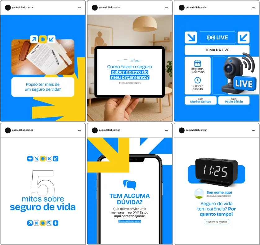 Pack Canva Seguro de Vida com posts e artes editáveis para redes sociais, ideal para corretores que desejam divulgar conteúdos prontos no Instagram, aumentar a confiança do público, explicar vantagens da proteção familiar e esclarecer dúvidas sobre apólices, indenizações e benefícios. Um kit estratégico para quem quer fortalecer a presença digital e atrair novos clientes.