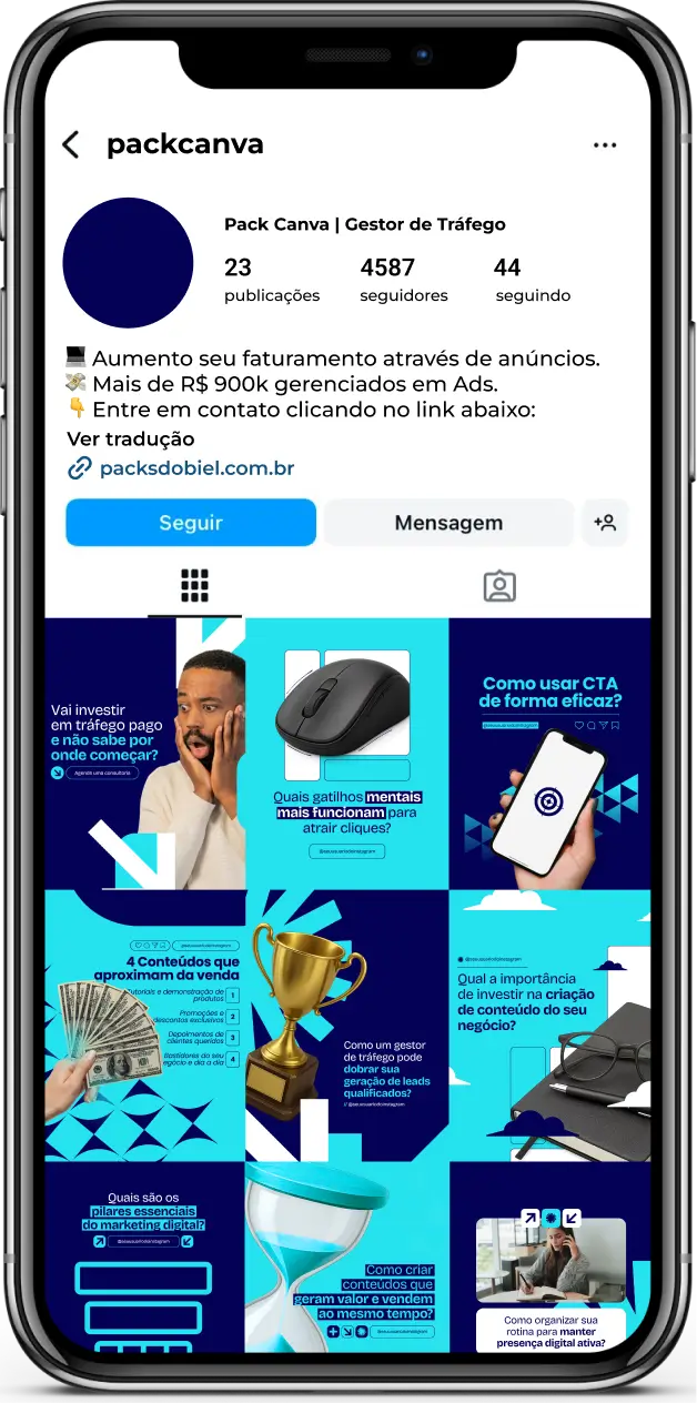 Pack Canva Gestor de Tráfego – Materiais visuais prontos para edição no Canva, com foco em social media e marketing digital para gestores de tráfego. Traz posts explicativos sobre ROI, segmentação de público, campanhas de conversão, anúncios de remarketing, diferenciais de um bom gestor e conteúdos educativos que aumentam autoridade no Instagram.