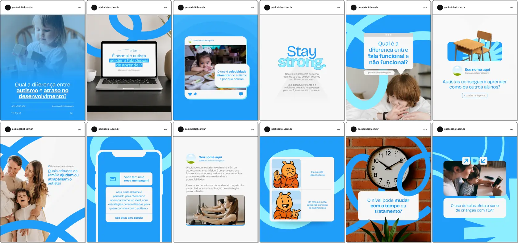 Kit de posts editáveis no Canva sobre Autismo, com textos e artes para social media voltados a clínicas multidisciplinares, profissionais de saúde e educação especial. Ideal para criar conteúdos de apoio às famílias, campanhas de conscientização, quebra de estigmas e fortalecimento da presença digital com informações técnicas e acessíveis sobre o desenvolvimento de pessoas autistas. Indicado para perfis no Instagram, Pinterest e demais canais de comunicação digital.