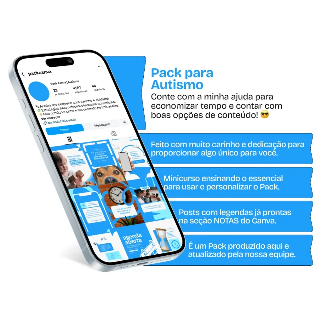 Kit de posts editáveis no Canva sobre Autismo, com textos e artes para social media voltados a clínicas multidisciplinares, profissionais de saúde e educação especial. Ideal para criar conteúdos de apoio às famílias, campanhas de conscientização, quebra de estigmas e fortalecimento da presença digital com informações técnicas e acessíveis sobre o desenvolvimento de pessoas autistas. Indicado para perfis no Instagram, Pinterest e demais canais de comunicação digital.