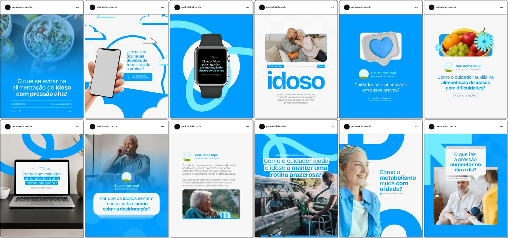 Pack Canva Cuidador de Idosos – Kit completo com posts prontos e artes editáveis no Canva, ideal para cuidadores, clínicas geriátricas, lares de repouso e profissionais da terceira idade. Os conteúdos abordam temas como rotina do cuidado, alimentação, higiene, mobilidade e saúde emocional do idoso. Perfeito para fortalecer a presença nas redes sociais com informação e acolhimento.