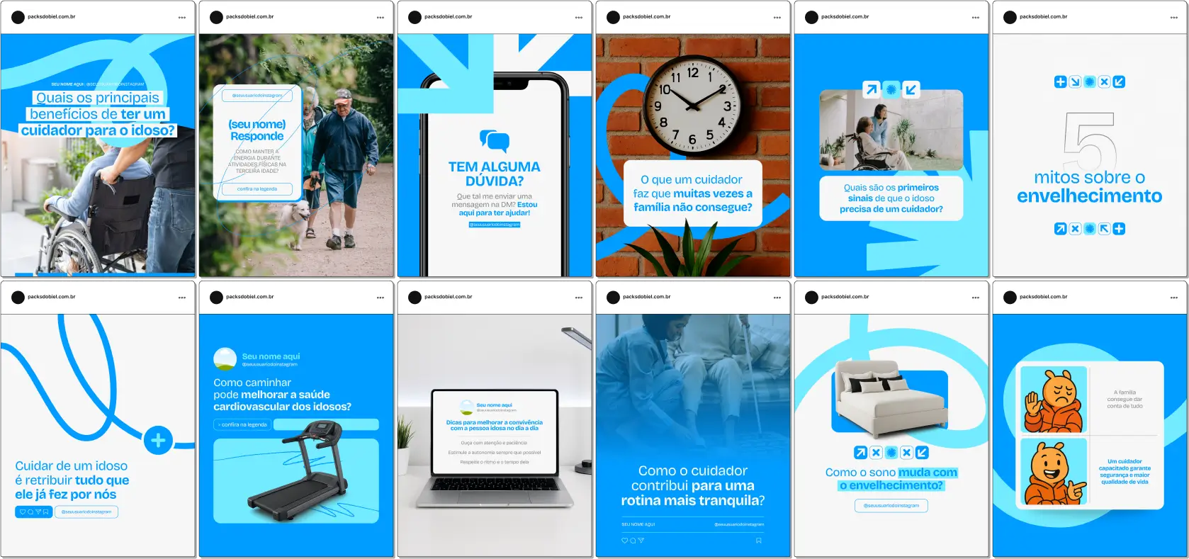 Kit de artes e conteúdos editáveis no Canva voltado para cuidadores de idosos. Com textos prontos sobre envelhecimento ativo, cuidados paliativos, prevenção de quedas, memória e humanização do cuidado, o pack é ideal para quem trabalha com assistência domiciliar, acompanhantes e cuidadores familiares que desejam destacar seu perfil no Instagram e Facebook.