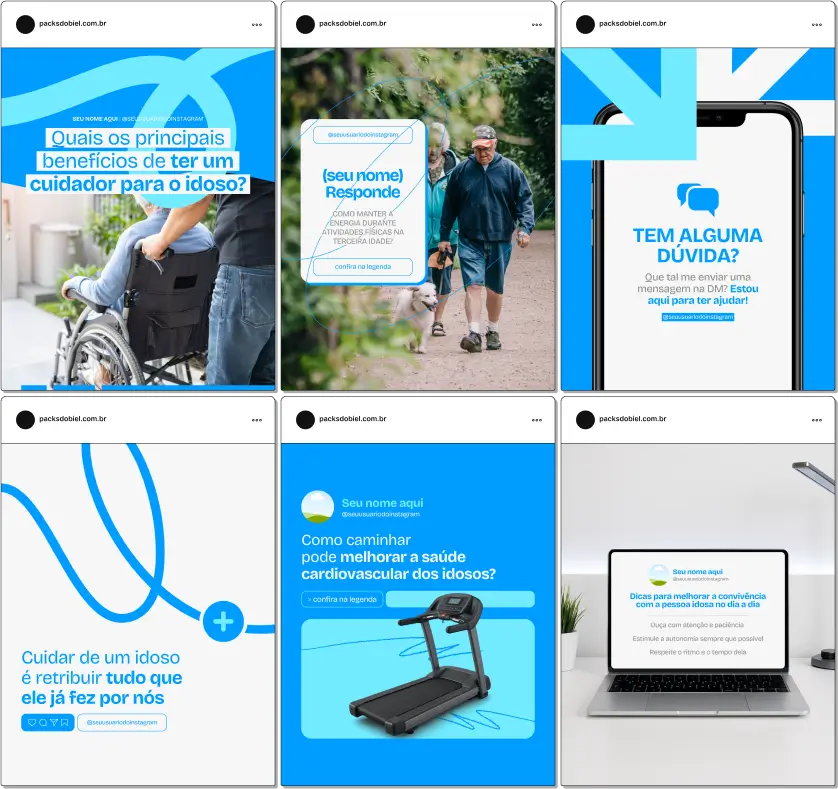 Kit de artes e conteúdos editáveis no Canva voltado para cuidadores de idosos. Com textos prontos sobre envelhecimento ativo, cuidados paliativos, prevenção de quedas, memória e humanização do cuidado, o pack é ideal para quem trabalha com assistência domiciliar, acompanhantes e cuidadores familiares que desejam destacar seu perfil no Instagram e Facebook.