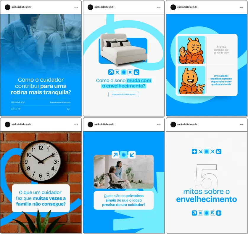 Kit de artes e conteúdos editáveis no Canva voltado para cuidadores de idosos. Com textos prontos sobre envelhecimento ativo, cuidados paliativos, prevenção de quedas, memória e humanização do cuidado, o pack é ideal para quem trabalha com assistência domiciliar, acompanhantes e cuidadores familiares que desejam destacar seu perfil no Instagram e Facebook.