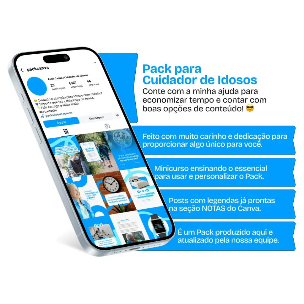 Pack Canva para Cuidador de Idosos com designs profissionais e conteúdos educativos prontos para Instagram, Facebook e outras redes sociais. Indicado para quem atua com gerontologia, saúde do idoso, reabilitação e suporte familiar. Os posts reforçam autoridade, confiança e empatia, abordando temas técnicos com linguagem acessível ao público final.