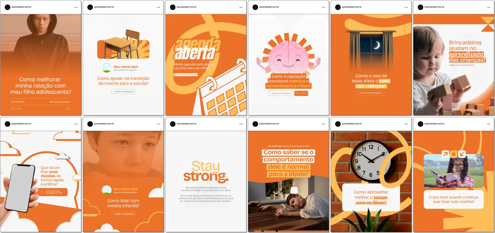 Pack Canva Educação Parental – Kit com posts prontos e artes editáveis para Instagram e redes sociais, ideal para pais, mães, educadores, psicopedagogos e profissionais da infância. Aborda temas como limites, birras, escuta ativa, vínculo afetivo e disciplina positiva. Perfeito para criar conteúdo com autoridade e empatia no nicho da parentalidade consciente.