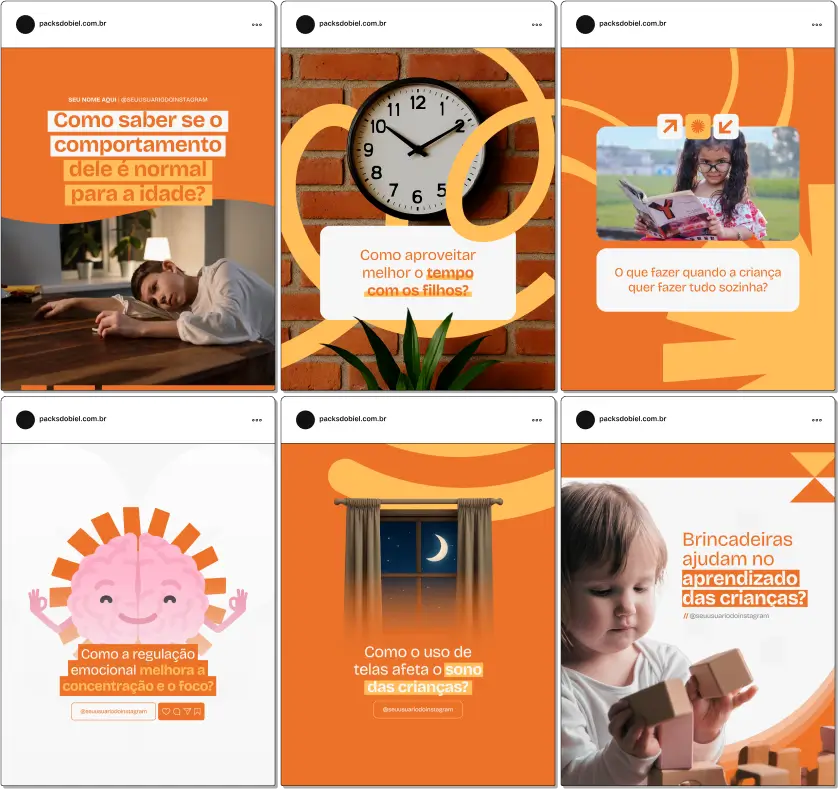 Pack Canva Educação Parental – Kit com posts prontos e artes editáveis para Instagram e redes sociais, ideal para pais, mães, educadores, psicopedagogos e profissionais da infância. Aborda temas como limites, birras, escuta ativa, vínculo afetivo e disciplina positiva. Perfeito para criar conteúdo com autoridade e empatia no nicho da parentalidade consciente.