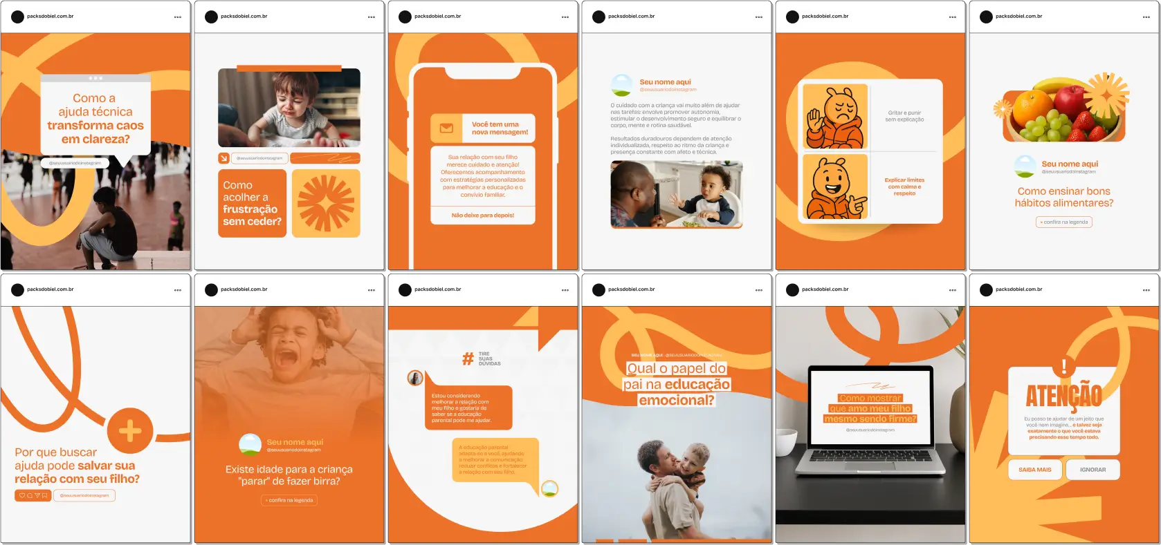 Kit completo de artes e conteúdos sobre Educação Parental, com foco em desenvolvimento infantil, criação com apego, comunicação não violenta e rotina familiar saudável. Ideal para perfis no Instagram que falam com famílias, terapeutas infantis, pedagogos e educadores parentais. Material 100% editável no Canva, pronto para fortalecer sua presença digital com consistência.