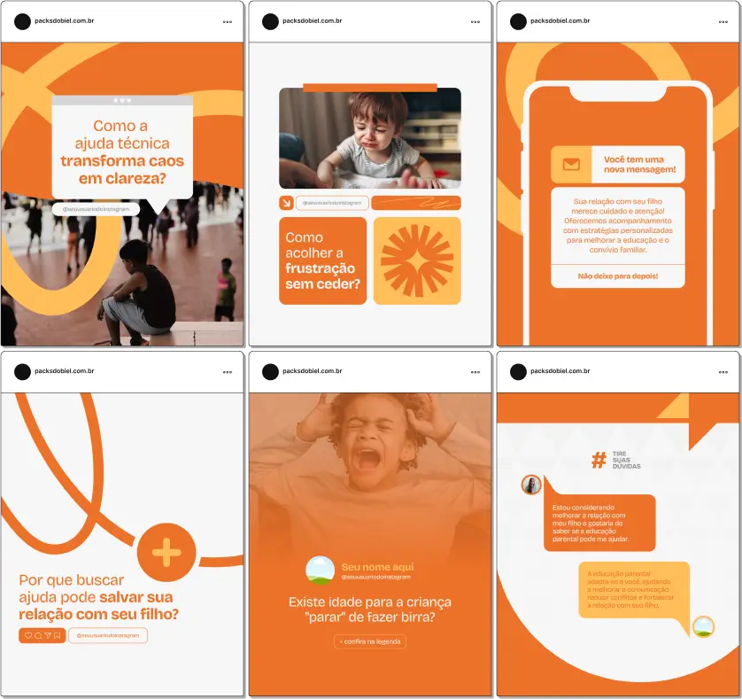 Kit completo de artes e conteúdos sobre Educação Parental, com foco em desenvolvimento infantil, criação com apego, comunicação não violenta e rotina familiar saudável. Ideal para perfis no Instagram que falam com famílias, terapeutas infantis, pedagogos e educadores parentais. Material 100% editável no Canva, pronto para fortalecer sua presença digital com consistência.