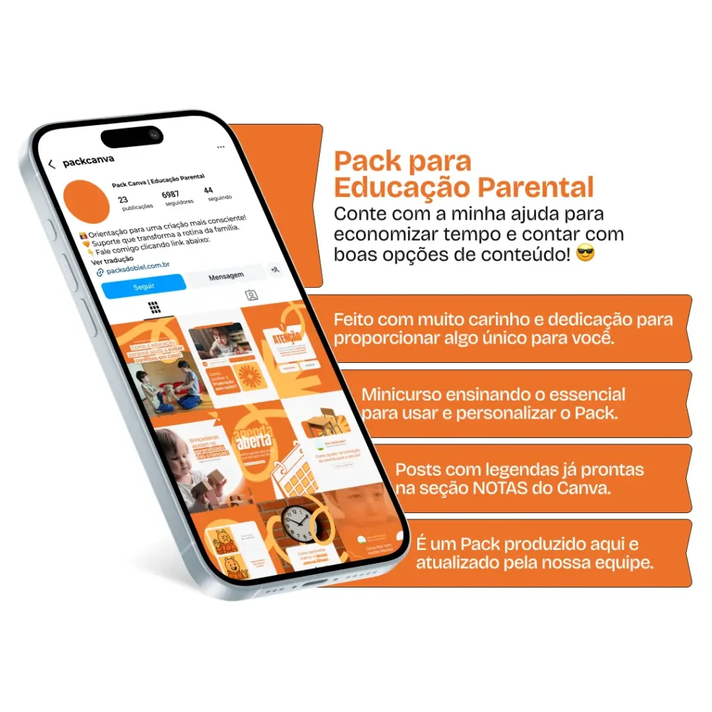 Posts de valor para quem atua com educação de filhos e relações familiares! O Pack Canva Educação Parental oferece artes personalizáveis no Canva e textos prontos que tratam de temas como limites respeitosos, autonomia infantil, saúde emocional e papel dos cuidadores. Perfeito para conectar com o público de forma sensível, educativa e profissional.