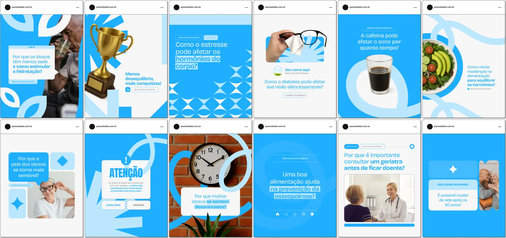 Com este Pack Canva para Geriatria, você comunica com empatia e autoridade. Inclui artes e textos sobre longevidade, qualidade de vida, cuidados paliativos, osteoporose, saúde mental do idoso, nutrição geriátrica e rotinas de autocuidado. Perfeito para perfis de médicos e cuidadores.