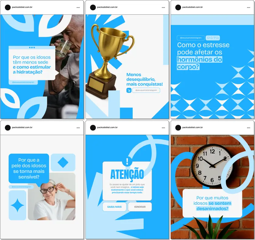 Com este Pack Canva para Geriatria, você comunica com empatia e autoridade. Inclui artes e textos sobre longevidade, qualidade de vida, cuidados paliativos, osteoporose, saúde mental do idoso, nutrição geriátrica e rotinas de autocuidado. Perfeito para perfis de médicos e cuidadores.