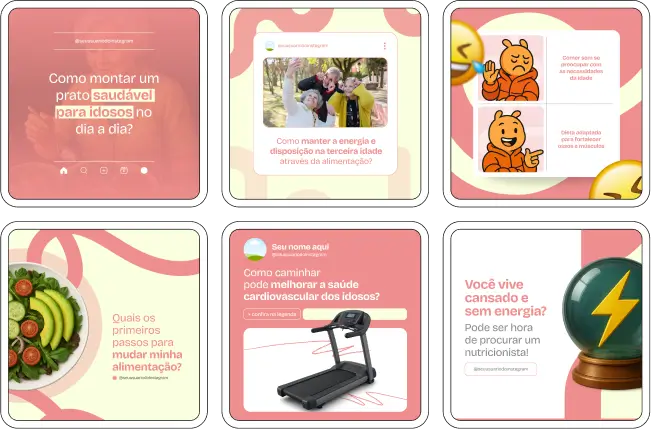 Pack Canva Nutrição Geriátrica – Kit com posts e artes editáveis prontos para Instagram e redes sociais. Ideal para nutricionistas especializados em idosos, profissionais da saúde e clínicas de nutrição que desejam se posicionar com conteúdo informativo e visual profissional.
