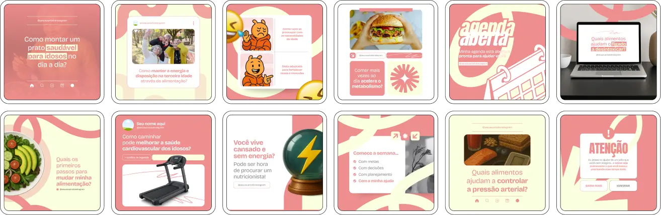 Artes editáveis com foco em Nutrição Geriátrica: tudo o que você precisa para criar autoridade no Instagram como nutricionista para idosos. Os posts tratam de deficiências nutricionais, alimentação preventiva, saúde intestinal, proteínas na velhice e muito mais. Ganhe tempo e destaque-se com consistência.