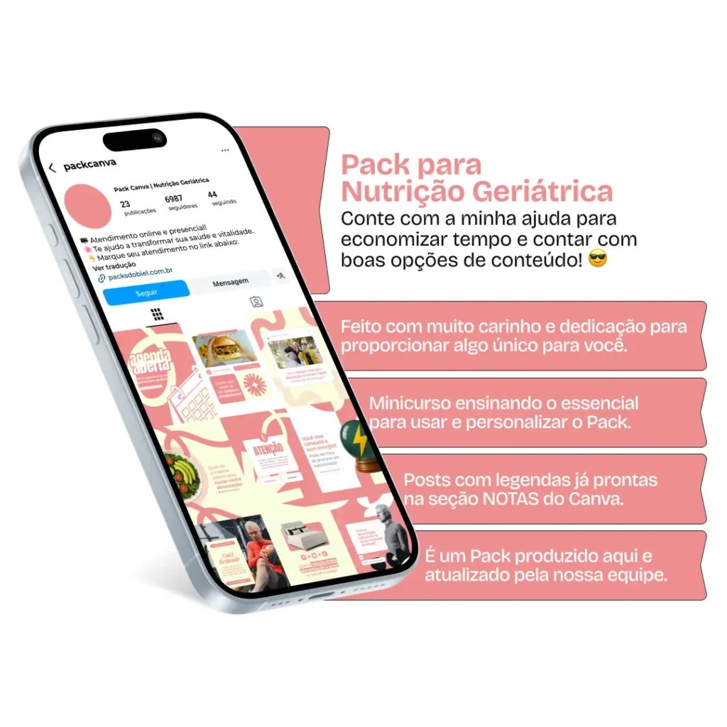 Pack Canva Nutrição Geriátrica – Artes editáveis e posts prontos sobre alimentação saudável para idosos, nutrição clínica, prevenção de sarcopenia, suplementação e hábitos alimentares na terceira idade. Ideal para nutricionistas, clínicas e profissionais da saúde no Instagram e outras redes.